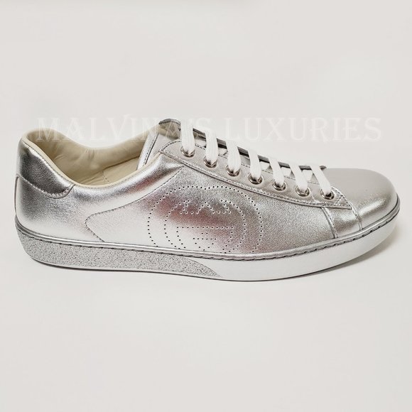 GUCCI SNEAKERS NEW ACE SILVER LEATHER INTERLOCKING G LOGO SHOES 7.5G 8 US - Picture 4 of 14